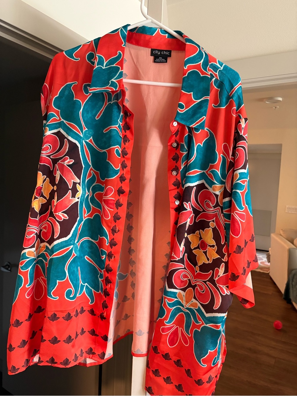 City Chic Red Floral Print Open-Front Blazer with Teal Accents